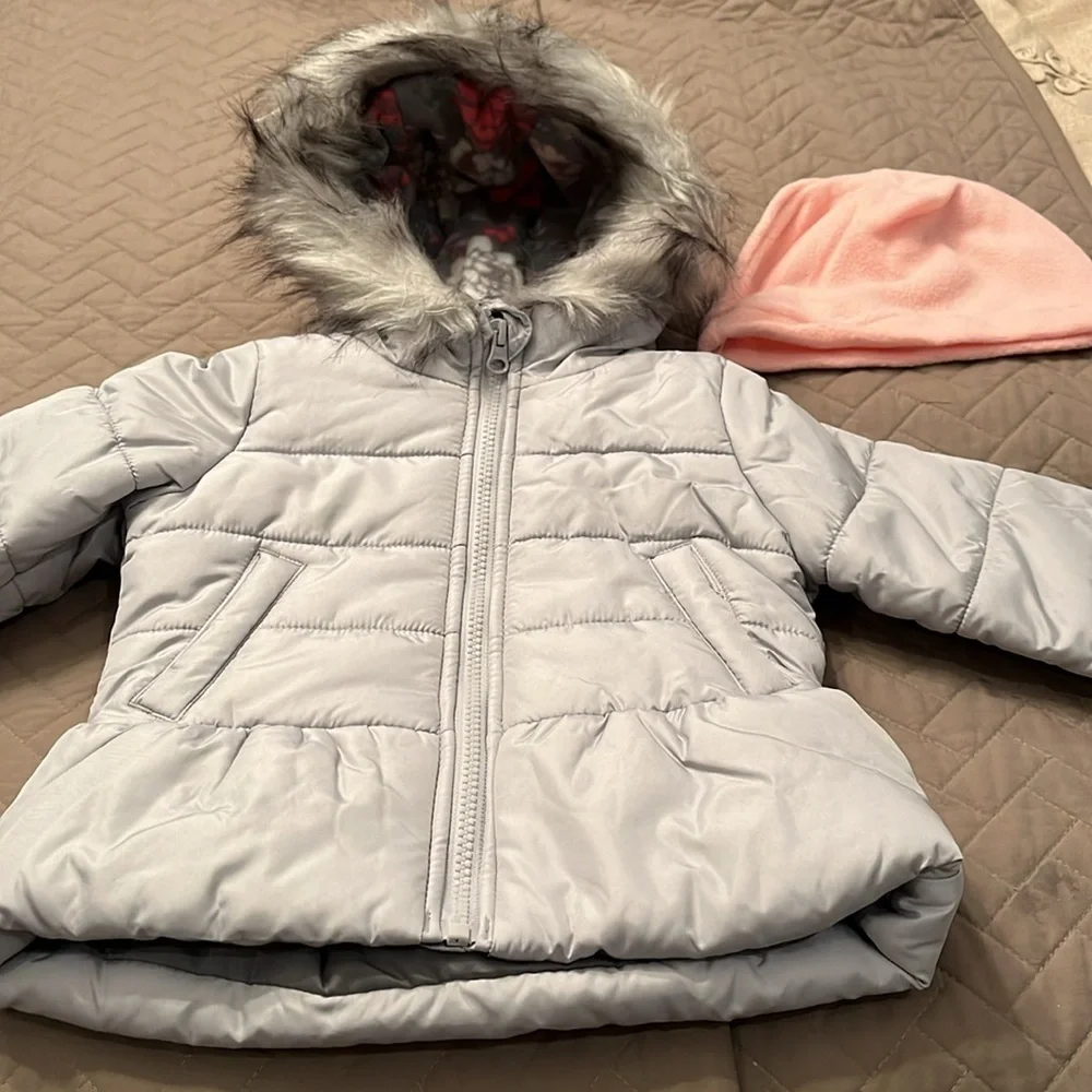 Weathertamer Toddler Girls Gray Faux Fur Trim Jacket & Fleece Beanie Set/NWT/2T